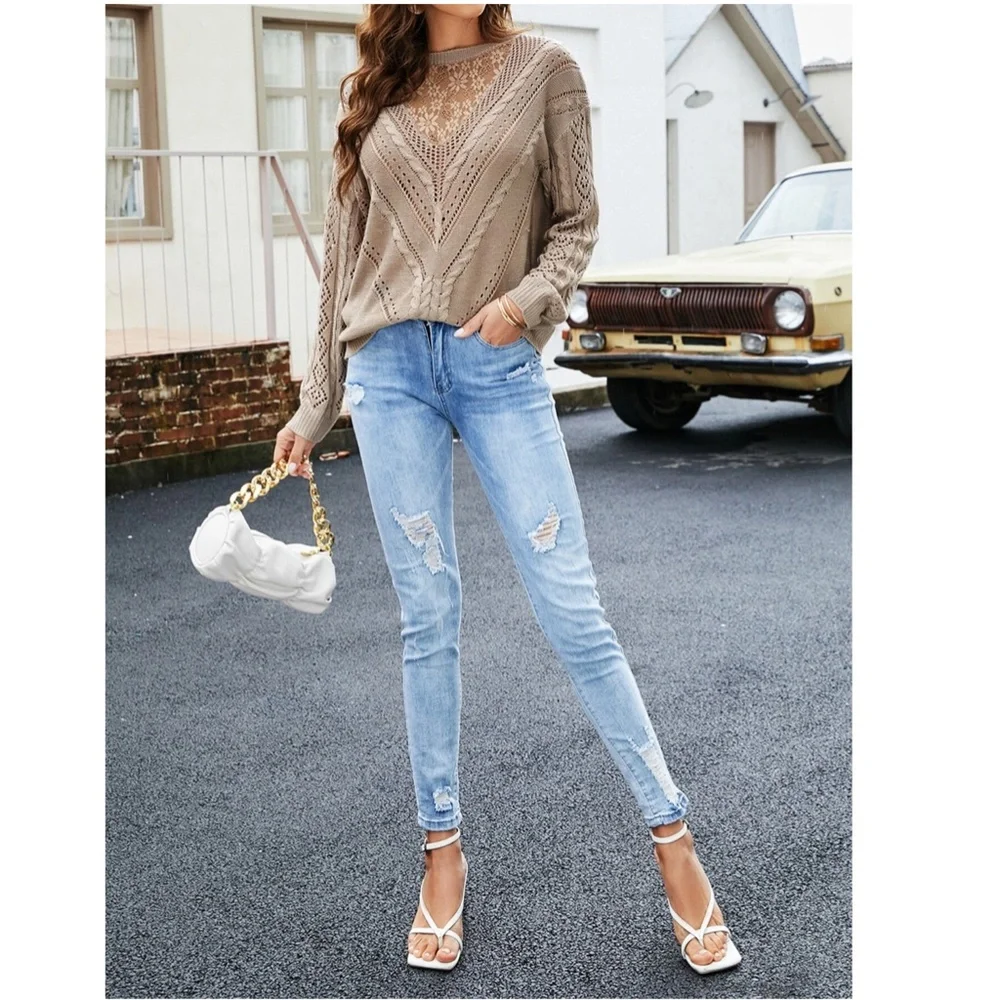 Lace Detail Mocha Knit Long Sleeve Light Sweater Top - Picture 3 of 11